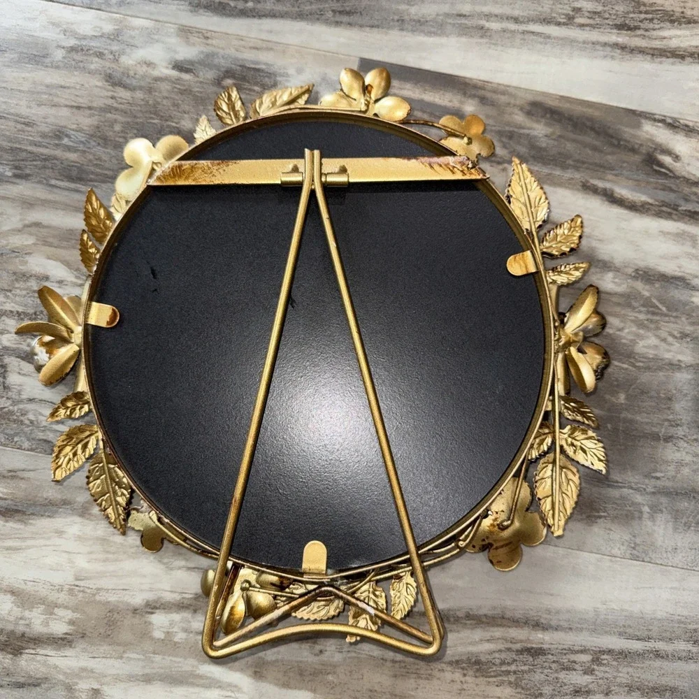 Vintage Ornate Metal Gold Floral Ivy Round Mirror Hanging Table Top Frame 11 In
